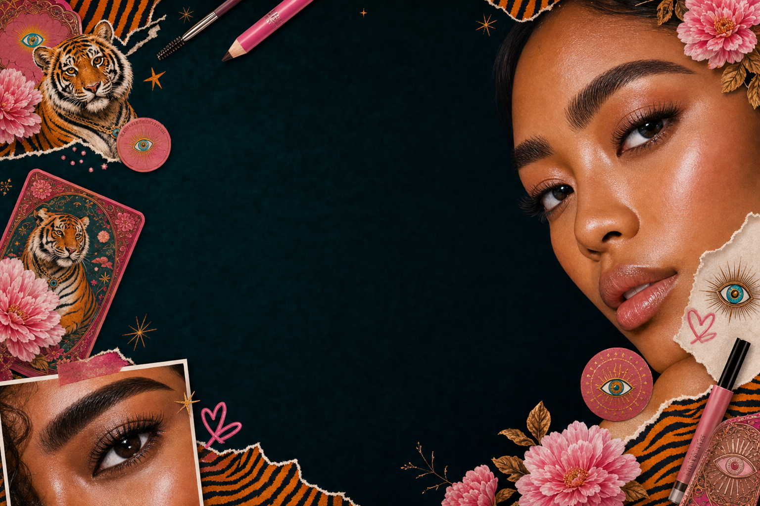 Tanned Asian woman with sculpted brows in a KREM collage