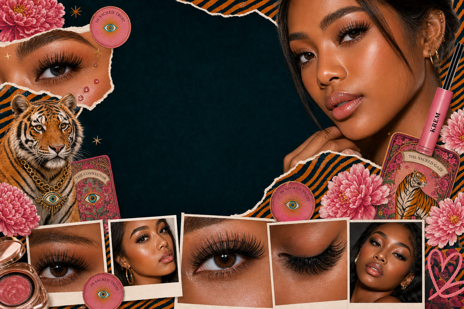 Tanned Asian woman with long lash extensions in a KREM collage
